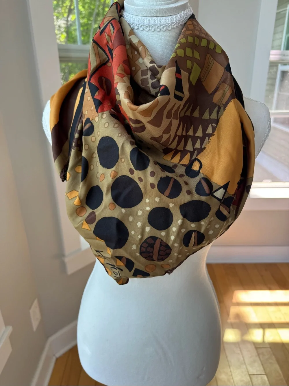 Vintage Ken Scott Made in Italy Multicolor Large Square Silk Scarf Tan Black